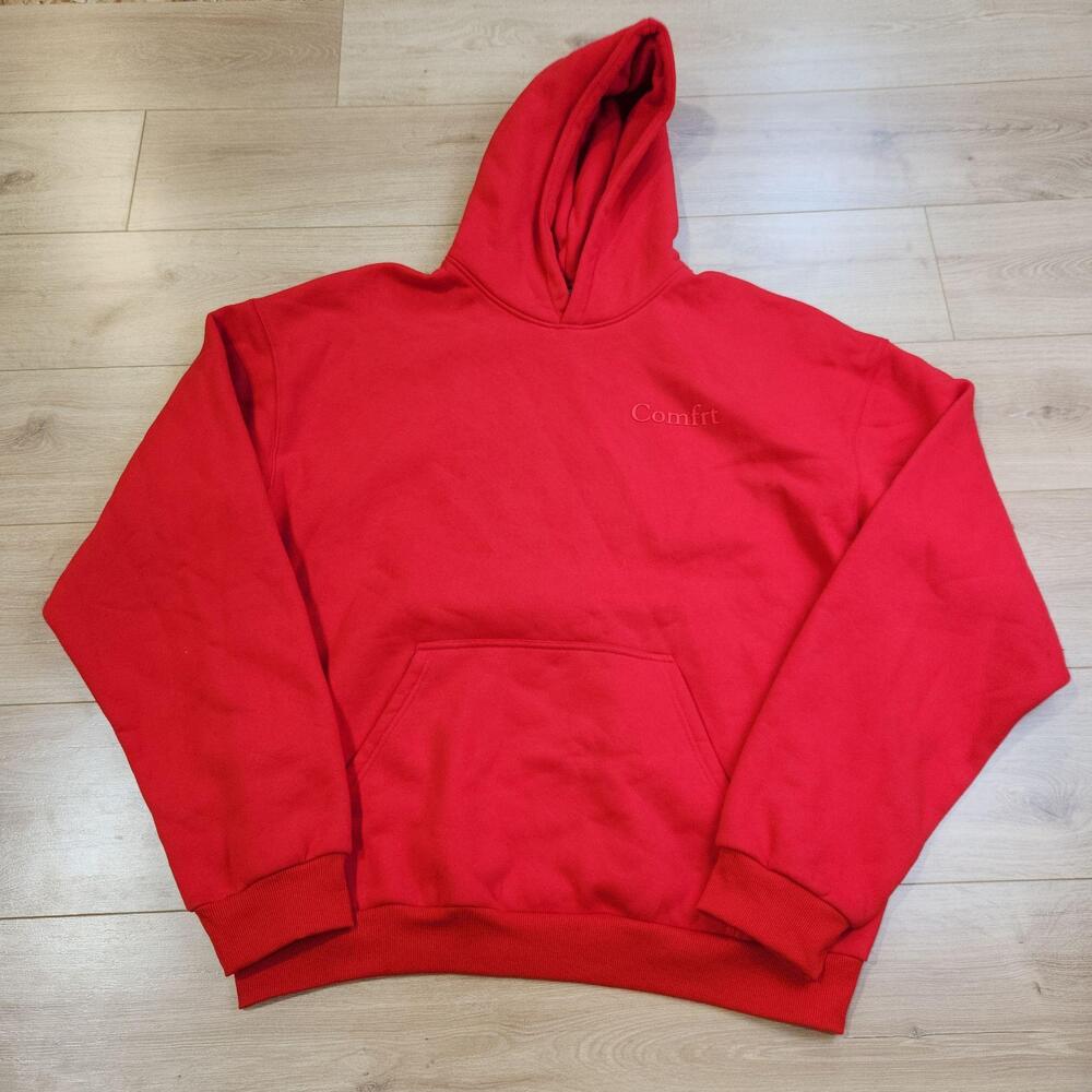 Comfrt Hoodie Womens 2XL Red Fleece Pullover Kangaroo Pocket Logo Sweatshirt